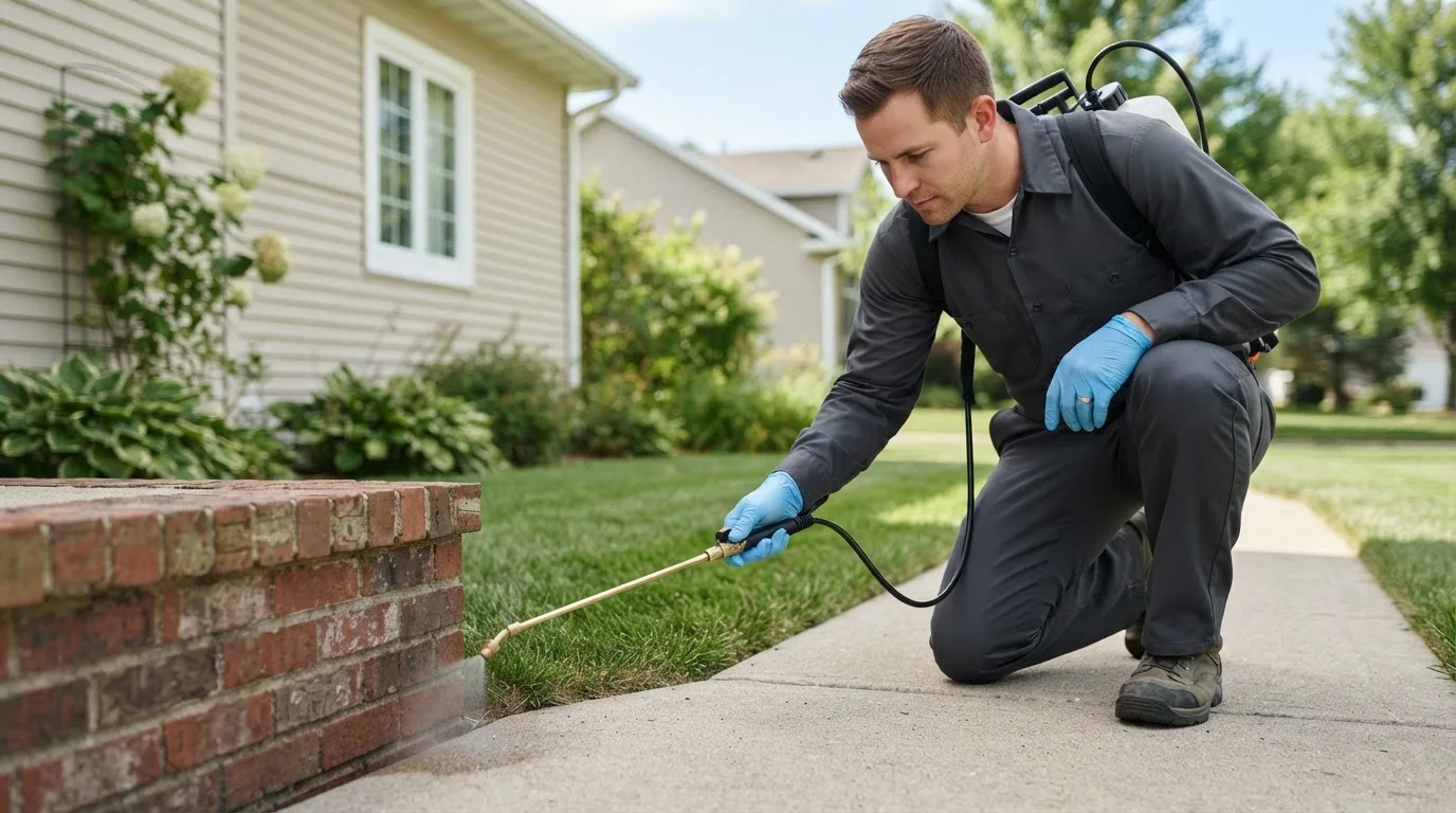 Pest control technician treating a home near Elberfeld, IN
