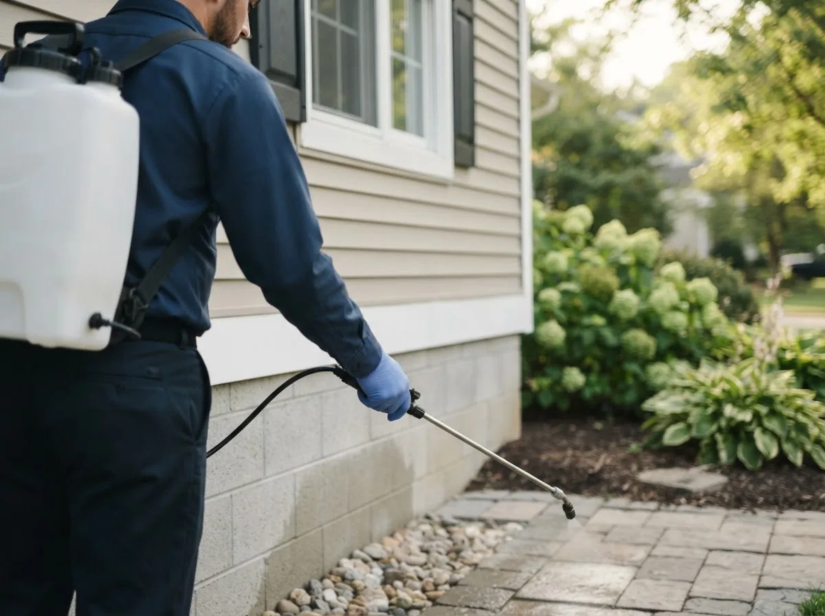 Pest control technician inspecting a home in Elberfeld, IN